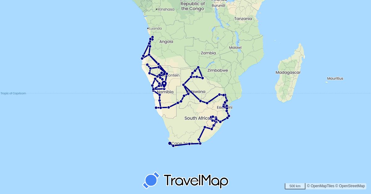 TravelMap itinerary: driving in Angola, Botswana, Lesotho, Namibia, Swaziland, South Africa (Africa)