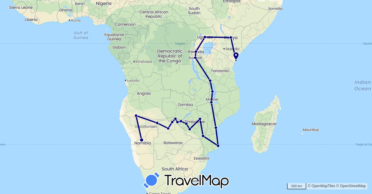 TravelMap itinerary: driving in Angola, Burundi, Botswana, Kenya, Malawi, Mozambique, Namibia, Rwanda, Tanzania, Uganda, Zimbabwe (Africa)